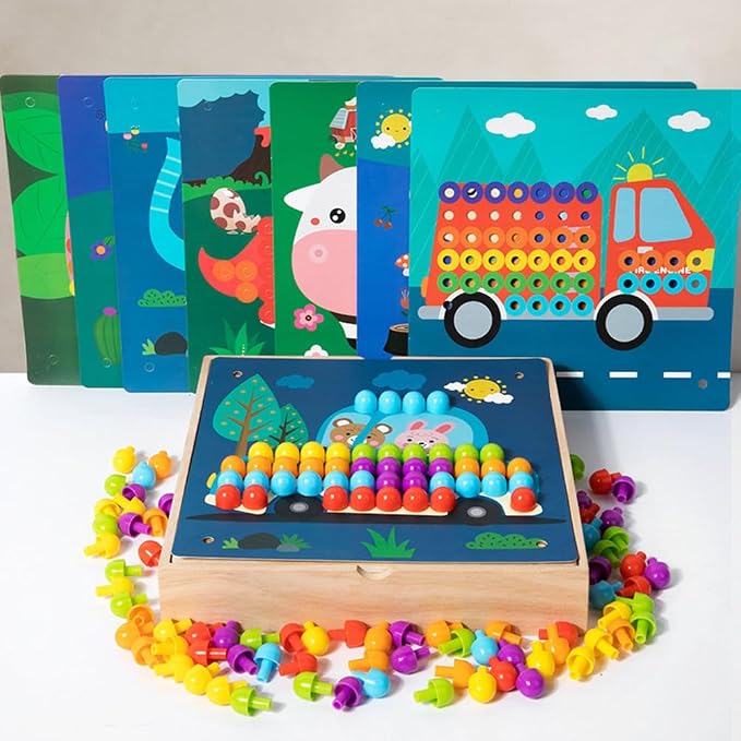 Wooden Pegboard Mosaic Puzzle, Kids Colorful Mushroom Nails Gear Combination Toy