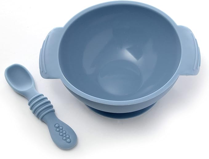 PrimaStella Unbreakable Silicone Non-Slip Bowl and Chew Spoon Set for Babies and Toddlers (Slate Blue)