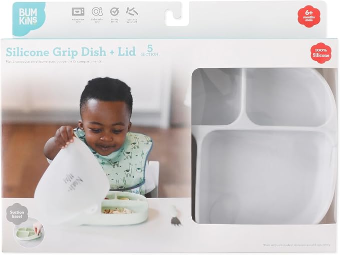 Bumkins Toddler and Baby Suction Plate, Silicone Divided Grip Dish and Lid, Large 5-Section Tray for Kids, Essentials in Children Feeding Supplies, Non Skid Stick Bottom, for Ages 6 Months Up, Marble