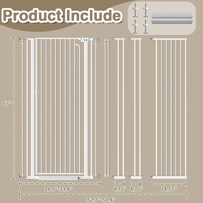 57" Extra Tall Pet Gate for Doorway, 52.7"-57.4" Wide Baby Gate for Cats Walk Through, Auto Close Tall Dog Gates with Door, Child Safety Gate Indoor Stairs, Cat Proof Gate for Doggie, White