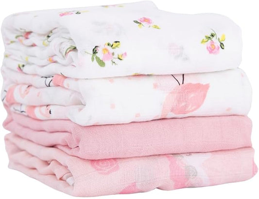 Muslin Swaddle Blankets for Baby Boys and Girls, 4-Pack Breathable and Skin-Friendly Receiving Blanket Wrap, Baby Essentials, Registry & Gift, 47 x 47 inches (Pink Dreams)