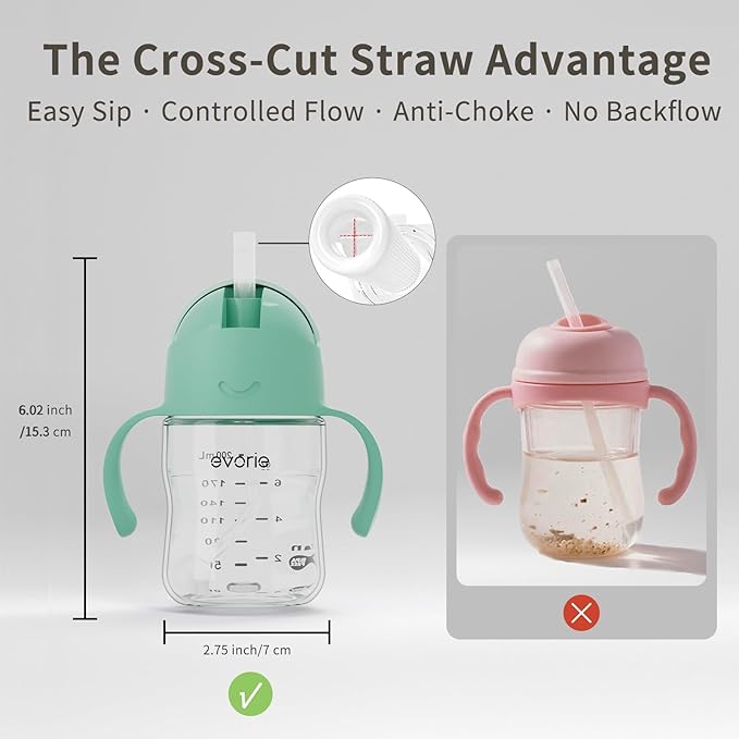 Evorie Tritan Weighted Straw Sippy Cup with Handles for Baby and Toddlers, Spill Proof Baby Water Bottle with Straw for 6 Months and up, 7 Oz, Infant Training Water Bottle (Mint)