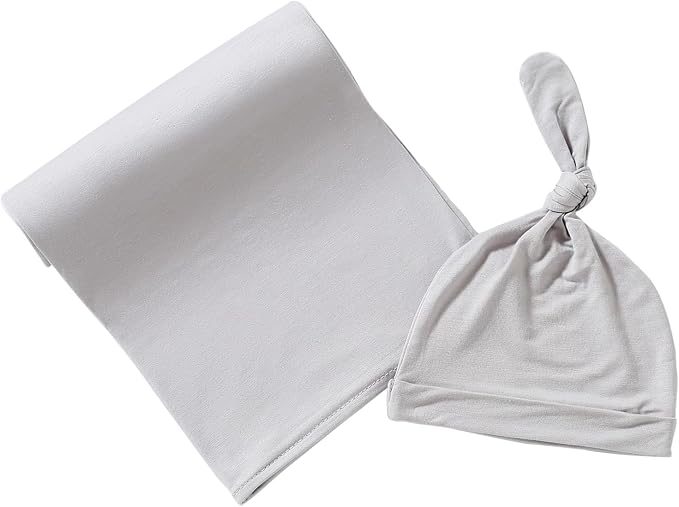 Cotton Knitted Baby Swaddle Blanket with Hat Headband Set Newborn Swaddle Wrap Receiving Blankets for Baby Girl Boy 35" x 35"(Grey)