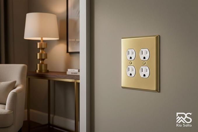 Rio Salto BRASS Metal Gold Double Duplex Receptacle Wall Plate Light Switch Cover Wall Plate Dual Duplex Receptacle Metal Wallplate Covers Double Gang Brushed Brass 2 Gang (2-Pack) STANDARD SIZE