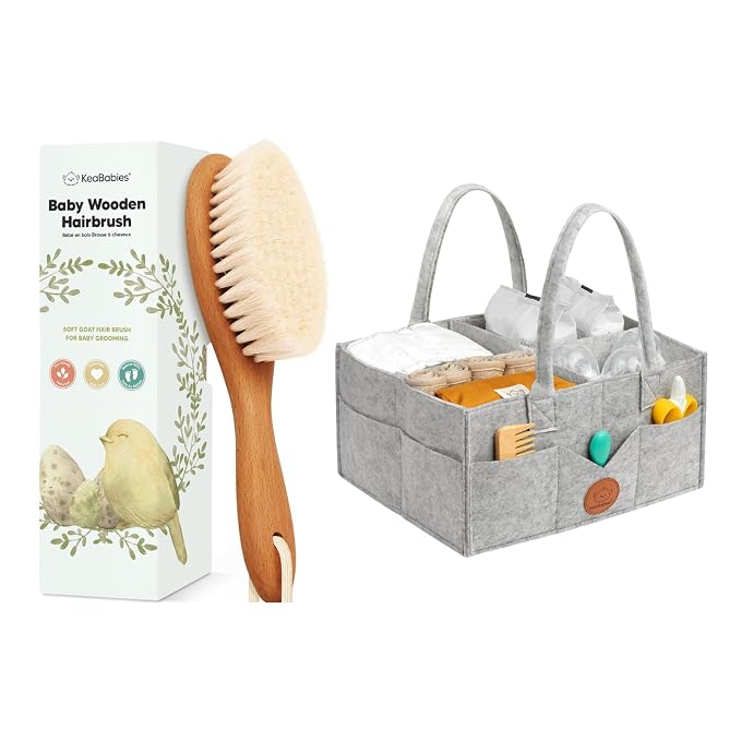 KeaBabies Baby Hair Brush and KeaBabies Diaper Caddy Organizer - Wooden Brush with Soft Goat Bristles, Organizer for Nursery, Cradle Cap Hairbrush