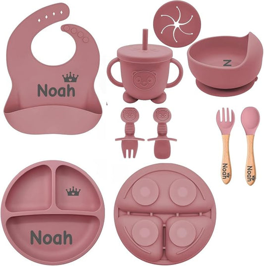 Personalized Silicone Baby Feeding Set with Engraved Name - Custom Baby Bib, Suction Plate, Bowl and Spoon - Silicone Weaning Set - Ideal First Birthday