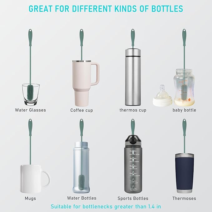 15.7" Silicone Bottle Brush, ddLUCK Water Bottle Cleaner Brush for Stanley, Hydroflasks, Glass, Thermos Sports Bottle, Vase and Glassware, Bottle Brush Cleaner for Small Narrow Neck Containers (Green)