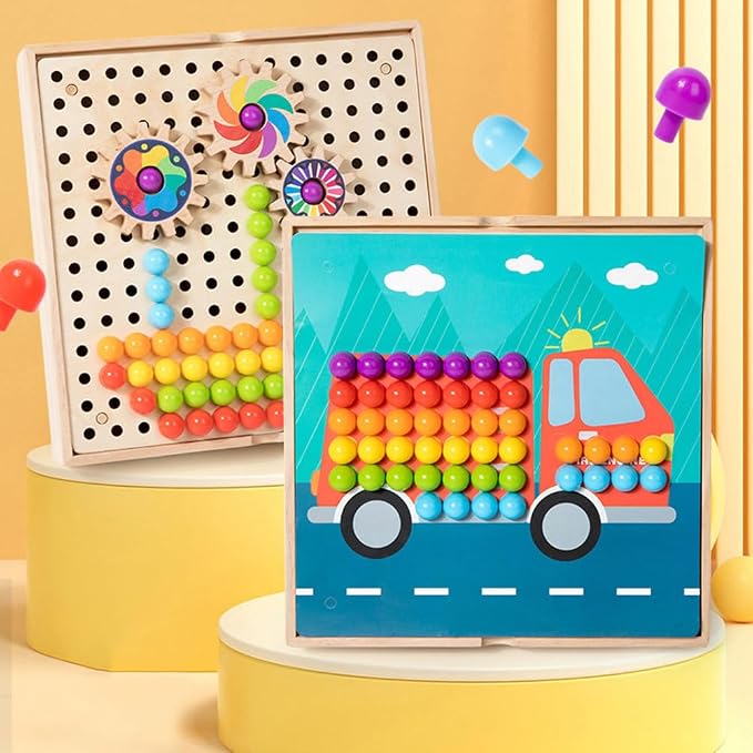 Wooden Pegboard Mosaic Puzzle, Kids Colorful Mushroom Nails Gear Combination Toy
