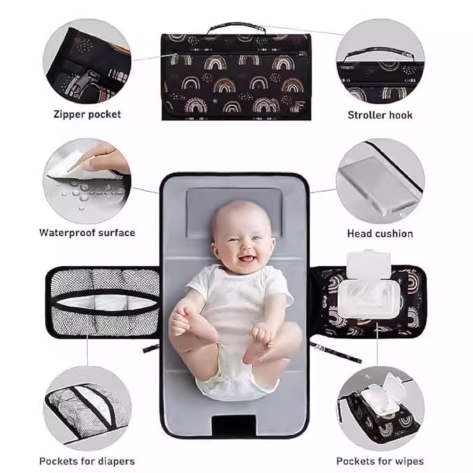 Portable Diaper Changing Station, Expandable Baby Diaper Bag, Compact Diaper Changing Travel Bag with Wet Wipe Pocket, Waterproof Baby Travel Station Set with 2 Bibs (Black)