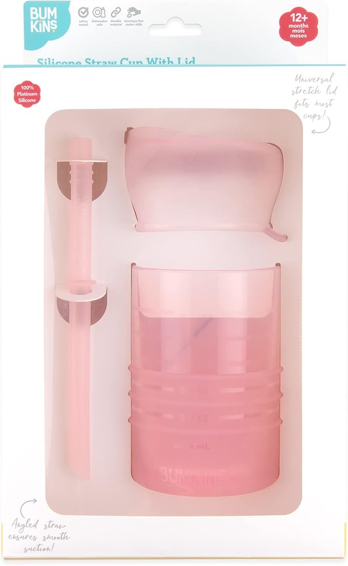 Bumkins Baby and Toddler Cups, Sippy Cup with Straw, Spill Proof, Transition Cup for Babies Ages 1 Year, Safely Sip from Lid, Straw or Cup, First Year Supplies, Platinum Silicone, Holds 7oz, Pink