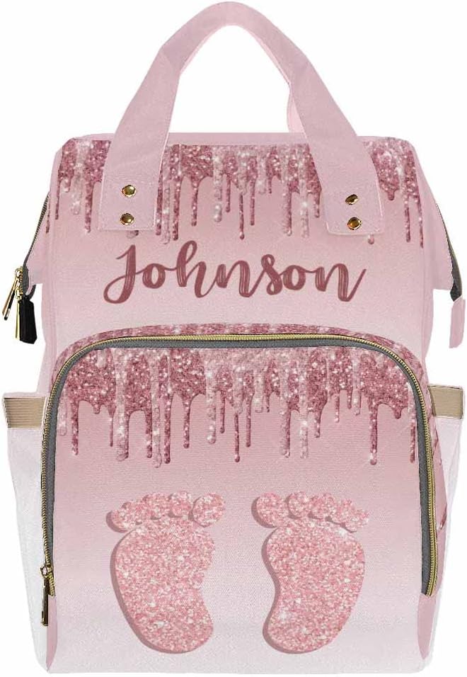 InterestPrint Custom Diaper Bag Backpack Personalized Glitter Drips Rose Gold Feet Backpack with Text Bag Nursing Bags Fashion Shoulders Bag Casual Daypack Travel Multipurpose Bag for Men Women