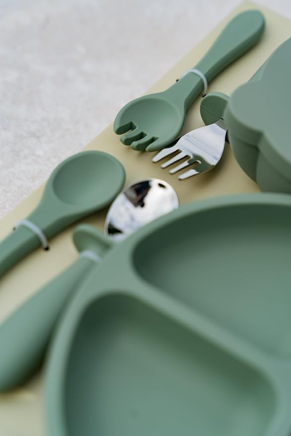 Food-grade Silicone Baby Feeding Set – 10 Pieces | BPA-Free | Includes Plate, Bowl, Sippy cup, 2 Spoons, 2Forks & Bib | Non-Slip, Microwave & Dishwasher Safe – Green