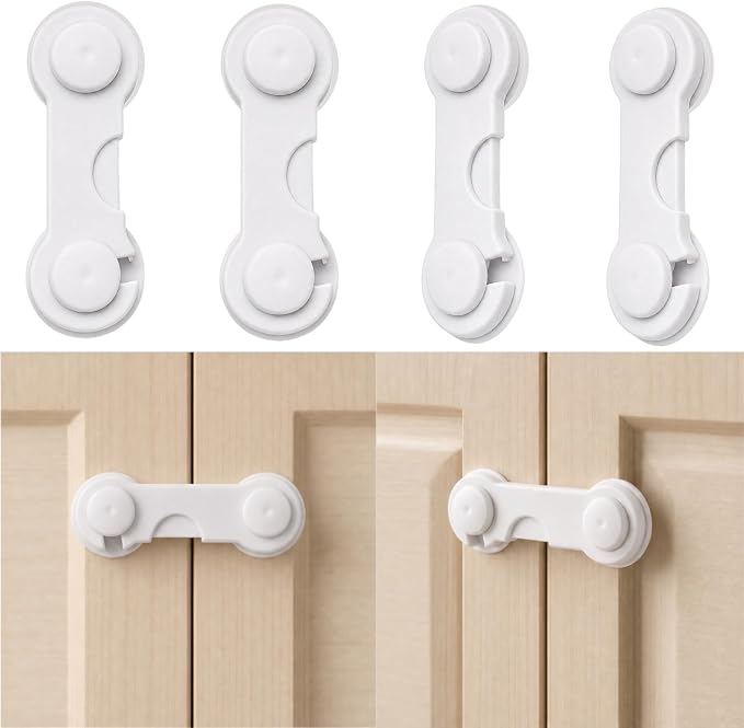 Cabinet Door Locks Baby Proof, 4 Pack Child Safety Latches with Adhesive for Cabinets Drawers Cupboards Fridge Closet Pantry, Premium ABS Material, White