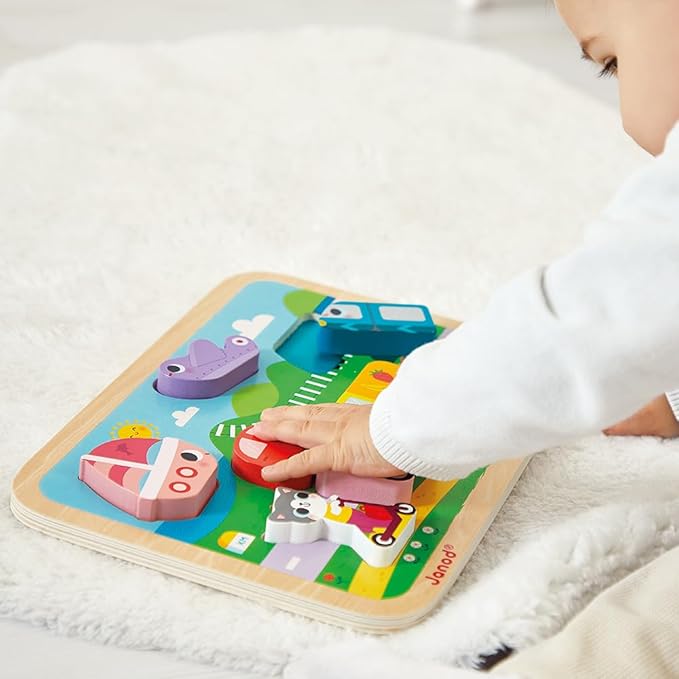 Janod - Vehicles Chunky Puzzle 7 Pieces - Motor Skills Development - Enhances Motor Skills - Promotes Imagination, Safe Quality Materials - French Design Excellence