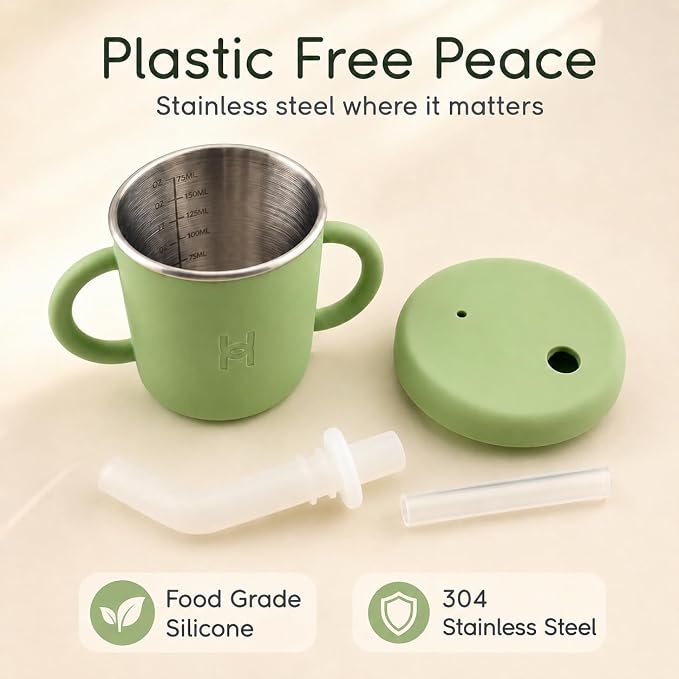 Stainless Steel Straw Cup for Toddlers 1-3, 6oz | Spill & Leak Proof Transition Cup, Sippy Cup Alternative | Clear Bendy Straw with Valve & 2 Handles | Baby Led Weaning | Dishwasher Safe