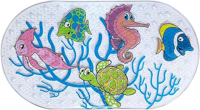 PTAPIPI Sea Animal Kids Bath Mat - 27x15 Inch Oval PVC Mat with Suction Cups, Machine Washable, Colorful Design for Children (Underwater World)