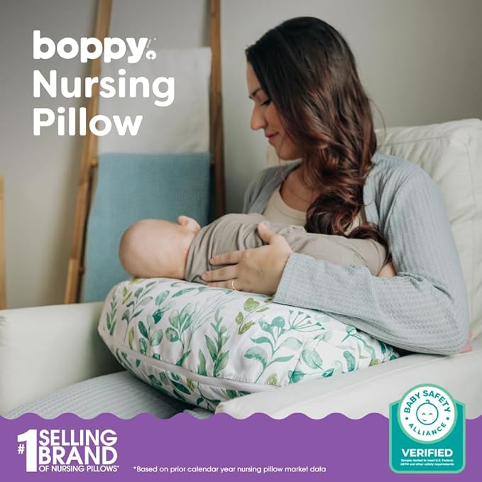Boppy Nursing Pillow - Firm, Ergonomic U-Shaped Bottle and Breastfeeding Pillow with High Lift for Comfort and Support, Spacious Surface - Green Sage Leaf