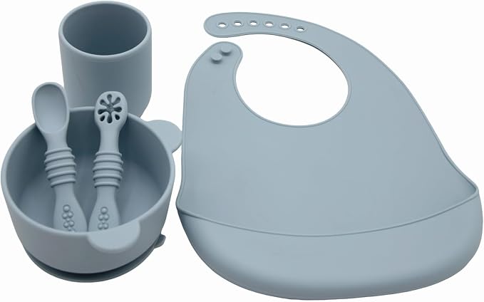 BabyX Silicone Baby Starter Kit, 5 Pieces First Feeding Set, Including Training Spoon, Fork, Cup, Bib and Bear Shaped Bowl (Blue), BPA-Free, Baby Utensils Supplies, Microwave/Dishwasher Safe