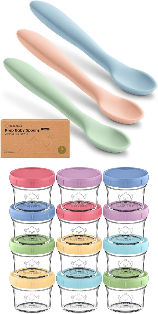 KeaBabies 3-Pack Silicone Baby Spoons and 12-Pack Baby Food Glass Containers - Toddler First Food Training Spoon - 4 oz Leak-Proof, Microwavable Feeding Container