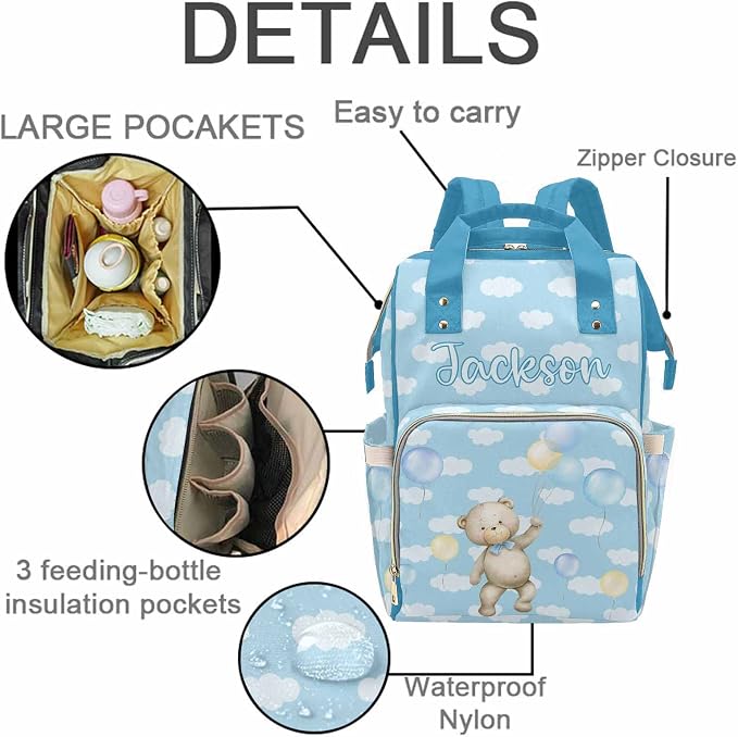 M YESCUSTOM Custom Blue Bear Diaper Bag with Name, Personalized Colorful Balloon Cute Nursing Baby Bag Multifunction Mommy Daypack with Large Capacity Christmas Girt for Women