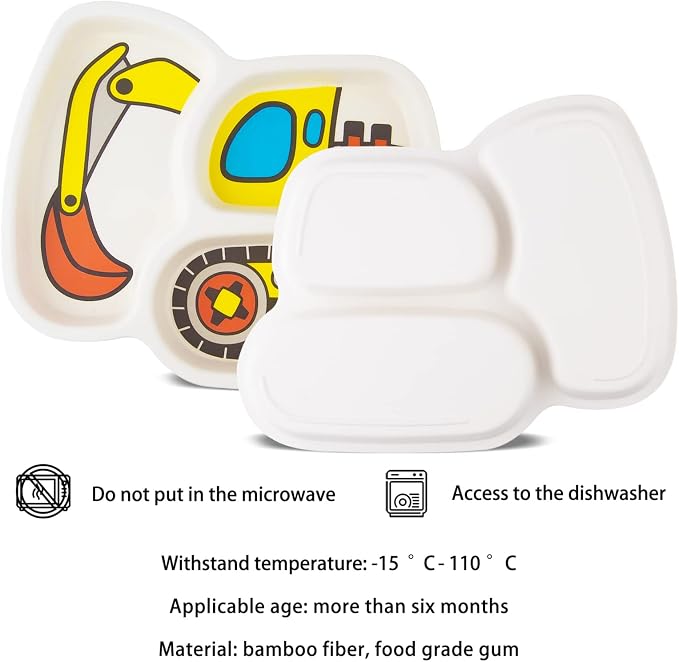 Kids Plate Set, Included Plate Fork and Spoon 3-Piece Set - Toddler Plates Dinnerware Dinner Dish Set Baby Feeding Divided Plate - Child Portion Control Dish Tray (Excavator)
