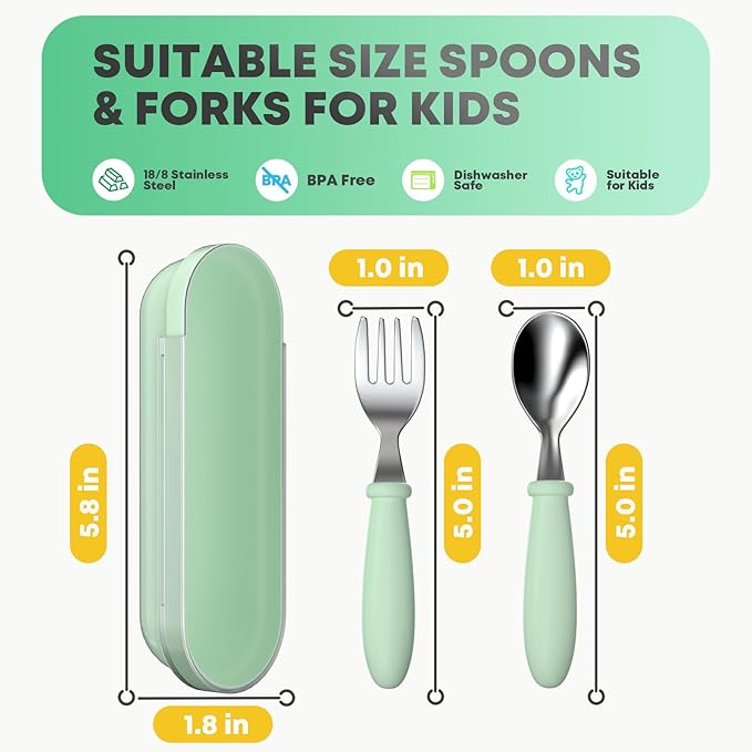 Toddler Utensils, Toddler Forks and Spoons, Baby Stainless Steel Silverware Set with Storage Box for Self Feeding Safe, Dishwasher Safe (2 Set with Case)