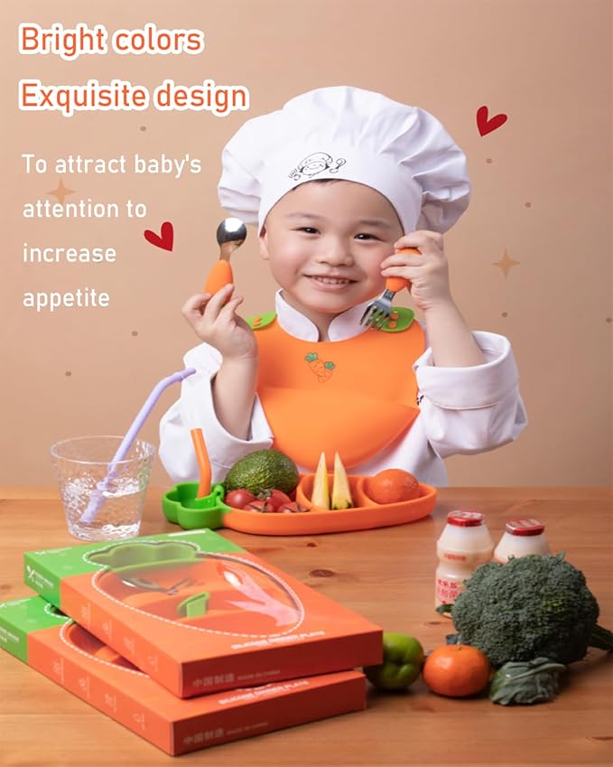 4-Piece Silicone Baby Feeding Set ??Baby Plates with Strong Suction, Toddler Plates Set, Unbreakable Food-Grade Silicone Divided Plate with Spoon, Fork & Straw Brush