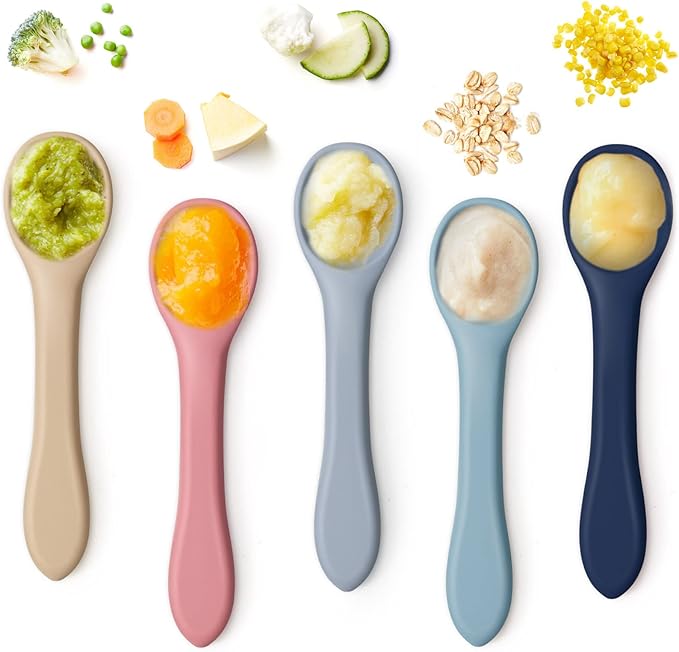 Aedida 5-piece Silicone Baby Feeding Spoons,First Stage Infant Spoon Set 6 Months Soft-tip Spoons for Baby Toddlers Bendable Training Spoon Utensils Feeding Supplies