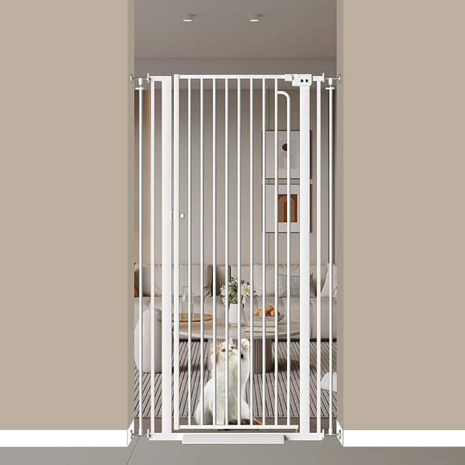 57" Extra Tall Cat Gate for Doorways, 29.5"-33.4" Tall Pet Gates for Cats Walk Through, Auto Close High Baby Gates with Door, Child Safety Gate Indoor Stairs, Cat Proof Gate for Dogs, White