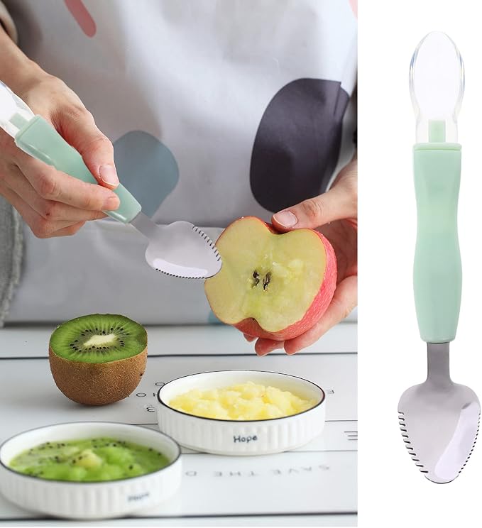 2pcs Food Scraper Spoon, Double Head Silicone Baby Spoons, Baby Fruit Feeder for Puree Scraping Mud Feeding, Green