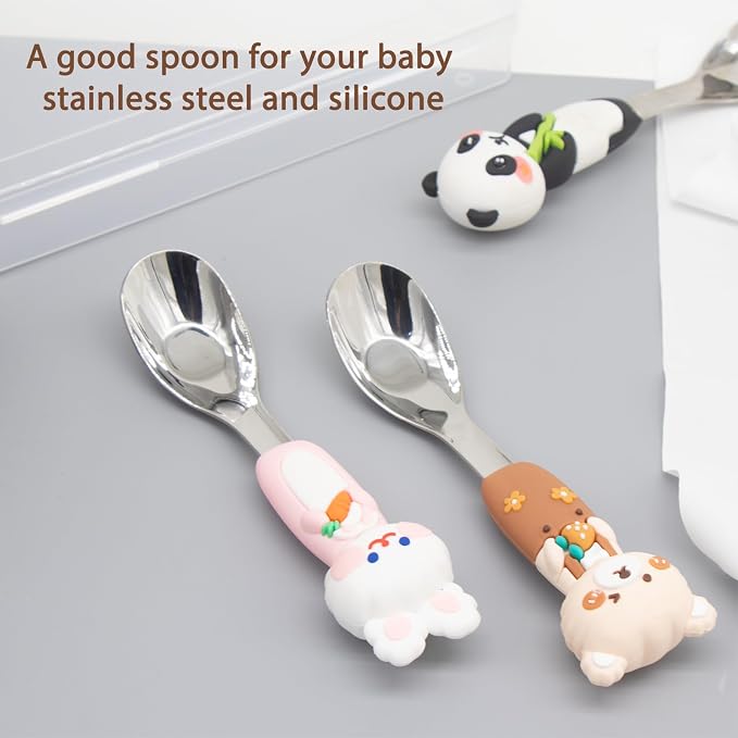 18/8 Stainless Steel Kids Spoon Set with Storage Box, Animal Shaped Silicone Handle, BPA Free Portable Travel Utensils, Perfect Children's Day Gift for Kids Ages 3-6
