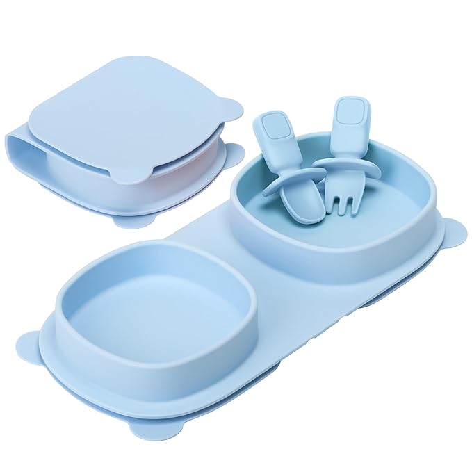 Baby Plates with Suction with Forks and Spoons, Foldable Silicone Toddler Plates, Baby Travel Essential, Microwave & Dishwasher Safe, Baby Blue