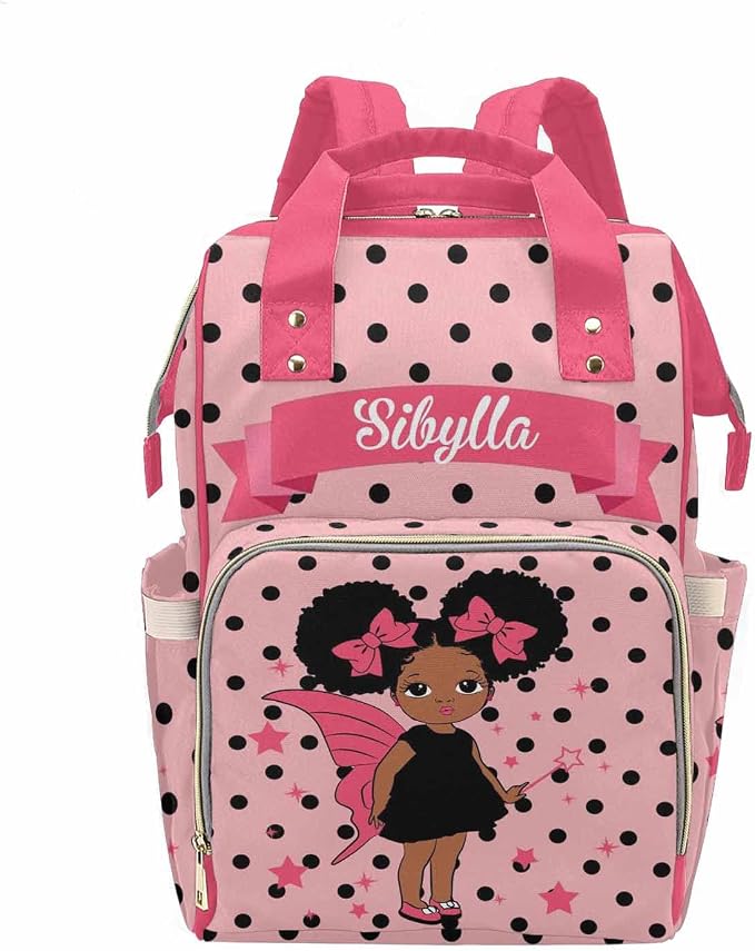 M YESCUSTOM Personalized Pink Baby Diaper Bag, Customized Name Black Dots On Pink Mommy Nursing Backpack Multifunction Travel Daypack for Mother's Day Birthday Gift