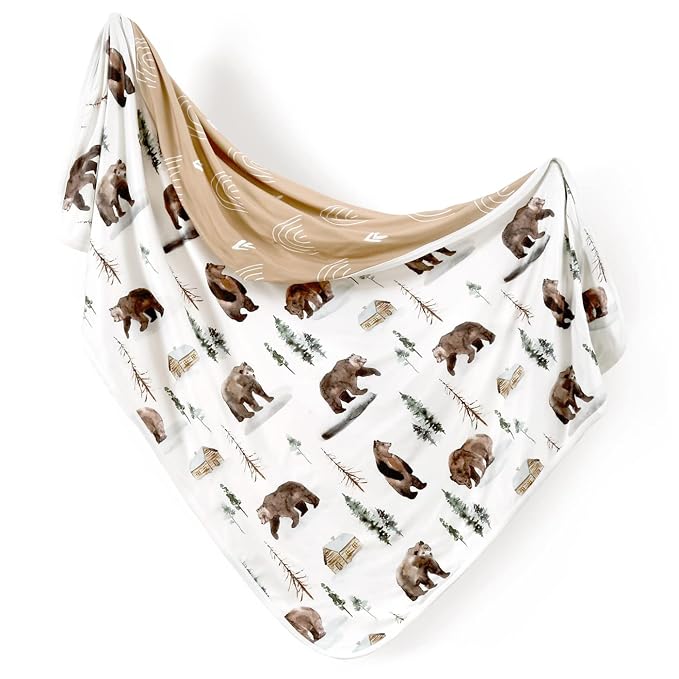 GRSSDER Baby Blankets Super Soft Stretchy Jersey Knit Swaddle Blanket for Girls and Boys, Double Layer Reversible Receiving Blankets 34 x 44, Extra Large for Swaddling, Jungle Bear/Rainbow