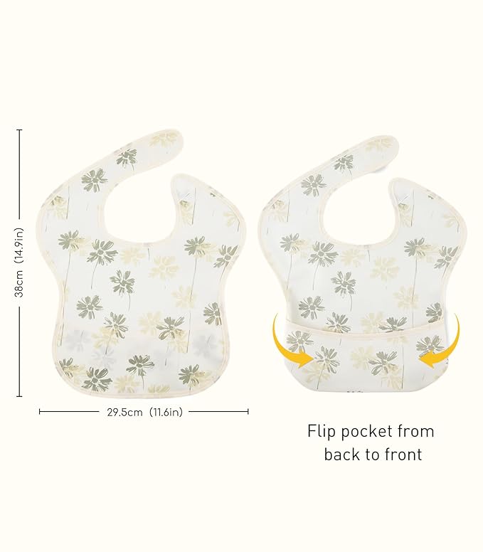 3-Pack Waterproof Baby Bibs for Eating - Mess Proof Lightweight Toddler Feeding Bibs with Large Food Catcher, Food-Grade Baby Eating Essentials, Easy to Put On & Clean(Olive Green Floral)