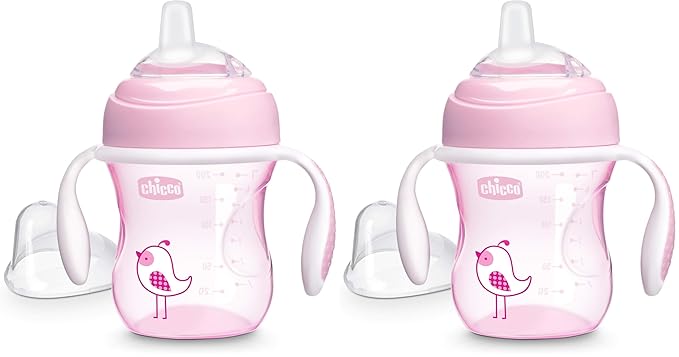 Chicco 7oz. Transition Sippy Cup with Silicone Spout and Spill-Free Lid | Calibration Markings | Removable Handles | Top-Rack Dishwasher Safe | Easy to Hold with Ergonomic Indents | Pink| 4+ Months