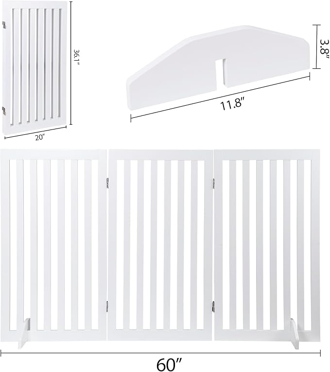 Nouva 36" H Pet Gate, 3 Panels Indoor Foldable Dog Fence, Dog Gate for Stairs Doorways, Hardwood Pet Gate, Freestanding Pet Fence, White
