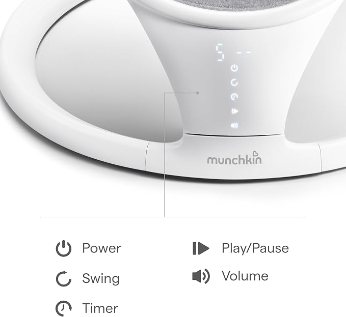 Munchkin Electric Baby Swing, Portable and Lightweight, Bluetooth Enabled Infant Rocker with Natural Sway in 5 Ranges of Motion, Newborn Nursery Essentials, White/Grey