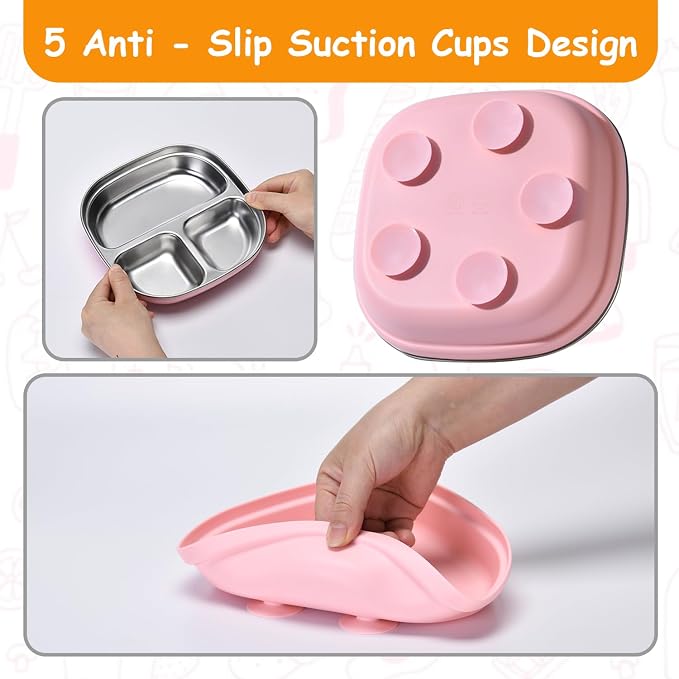 2 Pack Stainless Steel Kids Plates with Suction | 7.68" Spill-Proof High-Rim | 2 Spoons & Removable Sleeves | Microwave/Dishwasher Safe | BPA-Free, Non-Slip, Unbreakable Toddler Plates (Pink)