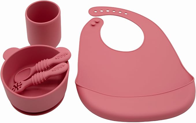 BabyX Silicone Baby Starter Kit, 5 Pieces First Feeding Set, Including Training Spoon, Fork, Cup, Bib and Bear Shaped Bowl (Pink), BPA-Free, Baby Utensils Supplies, Microwave/Dishwasher Safe