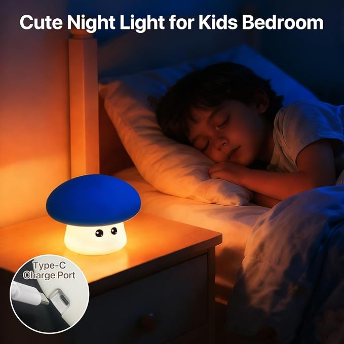 Cute Blue Mushroom Night Light for Kids Rechargeable, Battery Operated Nightlight 3 Level Dimmable with RGB&Timer, Silicone Touch Nursery Lamp for Baby Girls Boys Bedroom Gifts