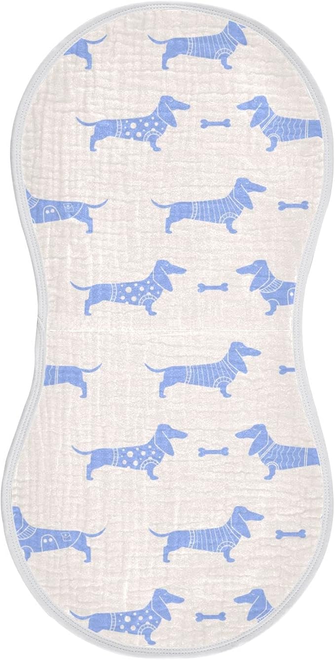 Cute Dachshund Dog and Bone Pattern Muslin Burp Cloths for Baby 1 Pack 100% Cotton Baby Washcloths Bibs for Boy Girl