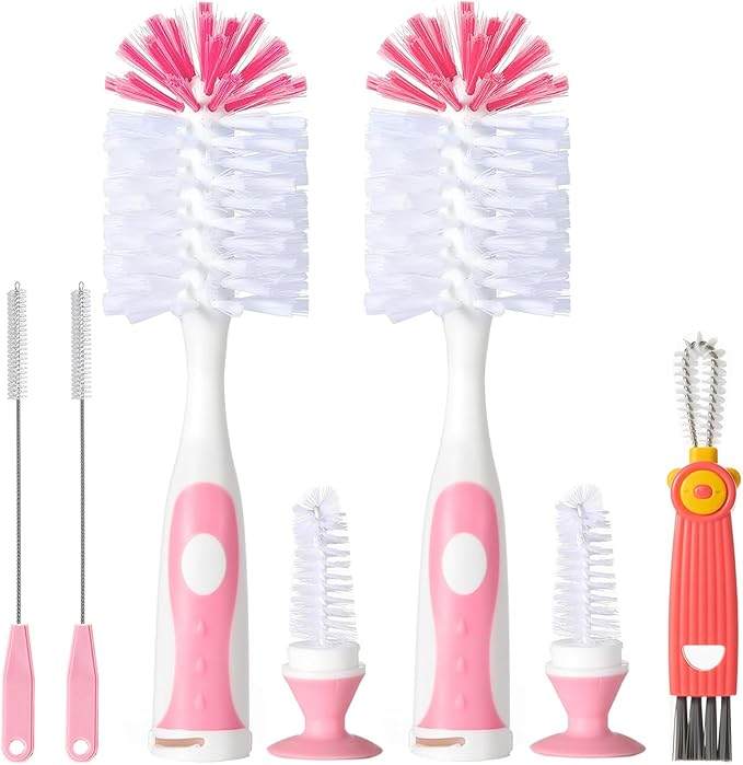 5 in 1 Baby Bottle Brush Set, Bottle Cleaner, 2Pcs Bottle Brush with Stand, 2 Hidden Nipple Brush, 2 Straw Brush, 1 Lid Brush, Nylon Bottles Brush Cleaner for Baby Bottle, BPA-Free(Pink)