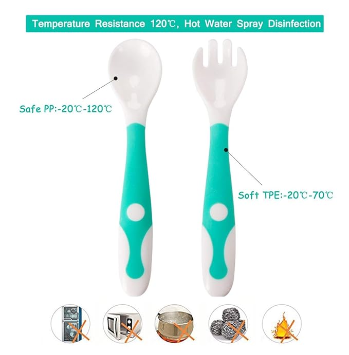 Baby Utensils Spoon Fork Set with Travel Safe Case Toddler Babies Children Feeding Training Spoon Easy Grip Heat-Resistant Bendable Self Feeding Learning Spoon (1 Spoon, 1 Fork)