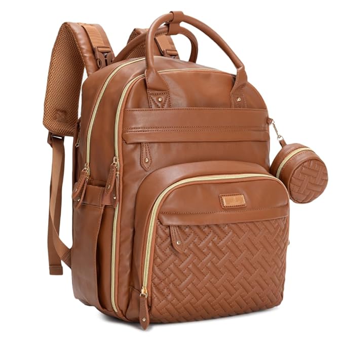 BabbleRoo Leather Diaper Bag Backpack - Baby Essentials Travel Baby Bag, Multi function, Water Resistant, with Changing Pad, Stroller Straps & Pacifier Case ??Unisex, Natural Brown