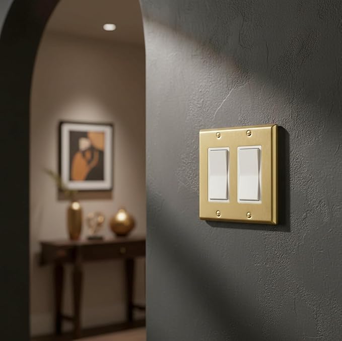 Rio Salto BRASS Signature Collection Brushed Brass Gold Metal Outlet Cover, Decorative Light Switch Cover Plate Wall Plate, Premium, Double Rocker Decorator 2-Gang, 4.56" x 4.50" Standard Size 2-Pack
