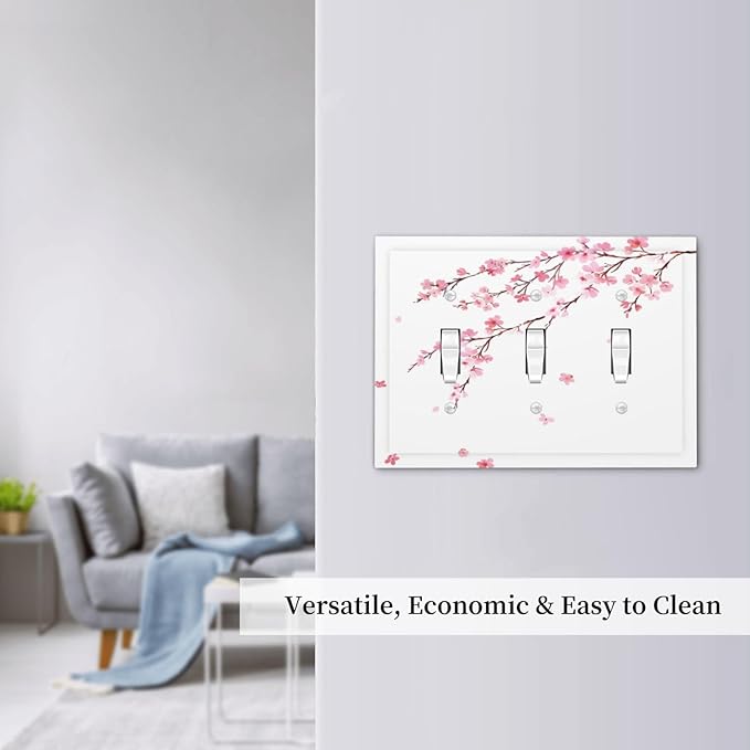 Watercolor Cherry Blossoms Flowers Pink Floral Decorative Switch Plates 3 Gang Wall Plate Triple Toggle Light Switch Cover Faceplate Electrical Wall Panels for Bedroom Living Room Decor