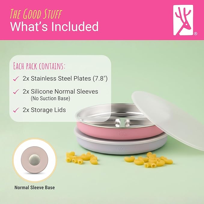 Elk and Friends Stainless Steel Divided Plates + Silicone Sleeve and Storage Lid | Baby, Toddler, Kids | Dinner & Snack Plates | 2 Pack