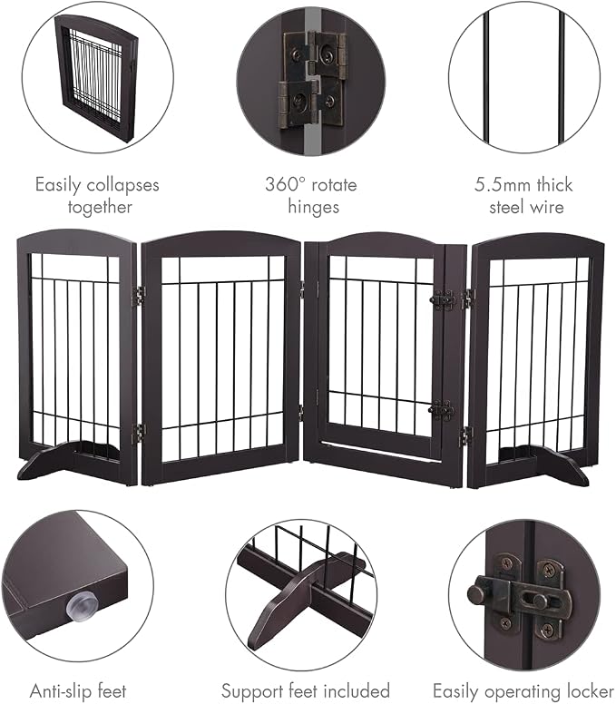PAWLAND Freestanding Dog gate with Walk Through Door, Dog Gates for Doorways, The House, Stairs, 80" Wide Pet Puppy Safety Fence with Support Feet, 4 Panels, Espresso