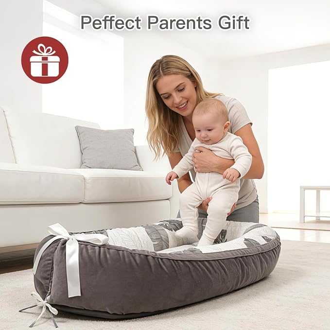 Baby Lounger | Organic Cotton Infant Lounger | Reversible, Adjustable & Portable Floor Lounger | Soft, Breathable, Washable Cover-Grey Leaves